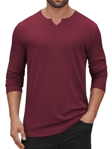 Hardaddy Men's V Neck Long Sleeve Ribbed Casual T-Shirt Classic Basic Solid Tee Shirts Wine Red XXL