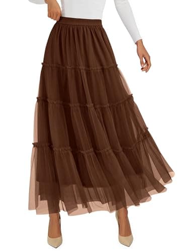 PRETTYGARDEN Tulle Skirts for Women 2026 Spring Fashion Elastic High Waisted Tiered Flowy Fairy A-Line Casual Maxi Long Skirt (Brown,Medium) - Image 1