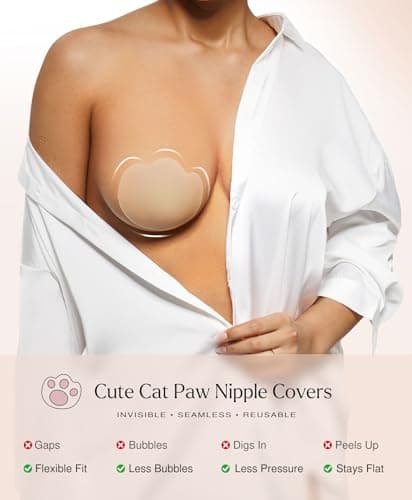 Popilush Nipple Covers, Pasties - Silicone Reusable Sticky Bra, Cute Cat Paw Shape, Seamless Adhesive with Ultra-Thin Edge Size L Color Crème - Thumbnail 3
