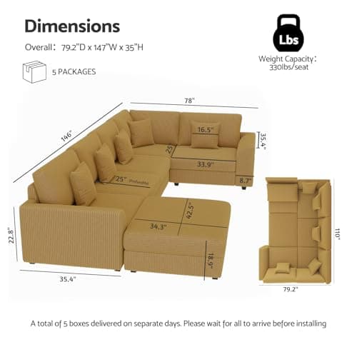 146" Modular Sectional Sofa, Oversized U Shaped Couch, Convertible Sleeper Sofa, 6 Seat Sofa with Chaise, Deep Seat Comfy Cloud Couch with Ottoman and Five Pillows for Living Room, Corduroy, Yellow - Thumbnail 2
