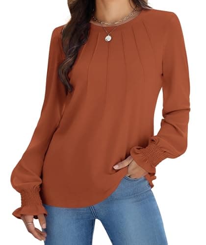 Funlingo Womens Fall Tops 2025 Trendy Crew Neck Tunic Blouses Dressy Casual Ruffle Long Sleeve Shirts Loose Fit Pleated Tee Caramel Brown 3XL - Image 1