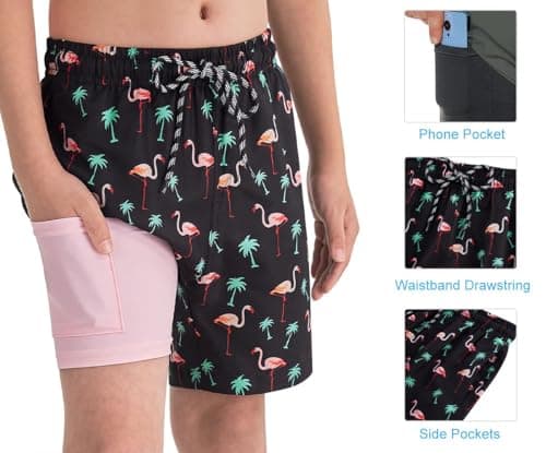 Cozople Boys Swim Trunks Size 8 Summer Quick Dry UPF50+ Beach Swim Shorts Funny Flamingo Beach Surf Shorts Swimsuit with Stretchy Boxer Brief Liner Swimwear for Beachwear Size 7 - Thumbnail 3