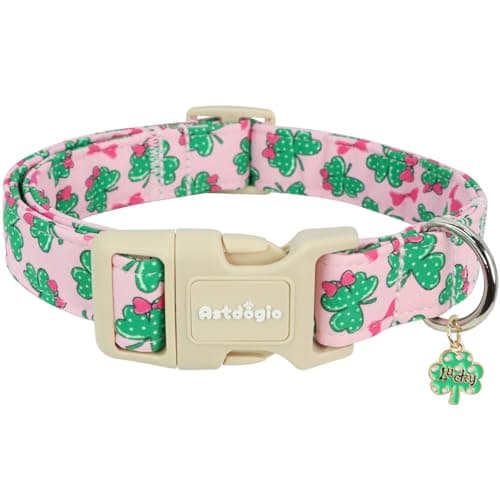 Astdogio St. Patrick's Day Dog Collar,Pink Bow with Lucky Shamrock Puppy Collar,Adjustable Spring Cotton Collars Gifts for Small Medium Large Dogs,Dog Accessories S