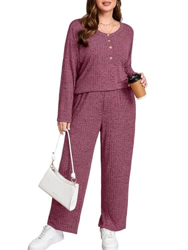 AusLook Plus Size 2 Piece Sets for Women Loose Wide Leg Pant Long Sleeve Top Matching Sets Burgundy 1X Tracksuit Loungewear 2025 Vacation Travel Airport Outfits Going Out Comfy Track Suits - Image 1