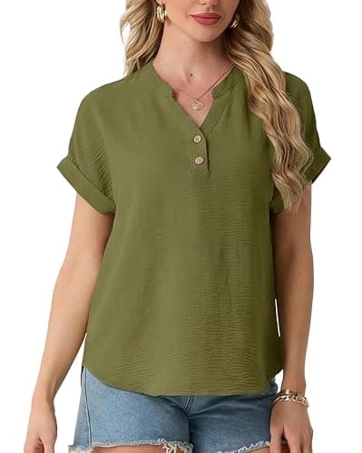 HiMONE Women’s Casual V Neck Summer Tops Short Sleeve Textured Blouse Loose Fit Rolled Sleeve Tunic T Shirts for Daily Wear Army Green - Image 1