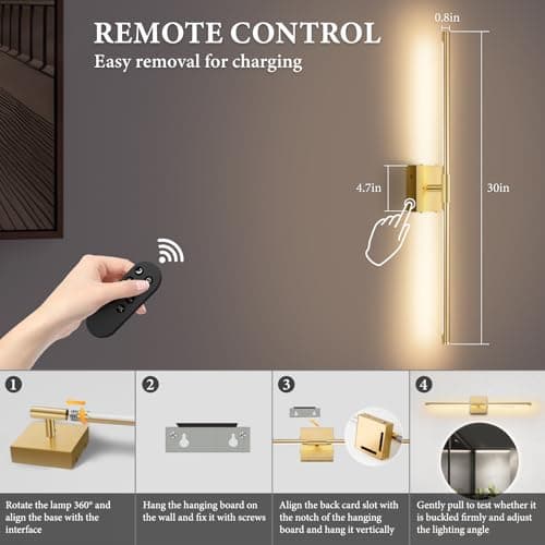 SAIMAND Wireless Sconces Set of 2 Battery Operated,8000mAh USB Rechargeable Wall Light with Remote Control,3000K-6000K LED Dimmable Wall Lamp for Living Room, Hallway, Bedroom (Gold) - Thumbnail 4