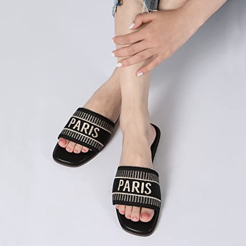 Athlefit Women's Slides Summer Fashion Slip On Flat Sandals Dressy Black Size 8.5 - Thumbnail 2