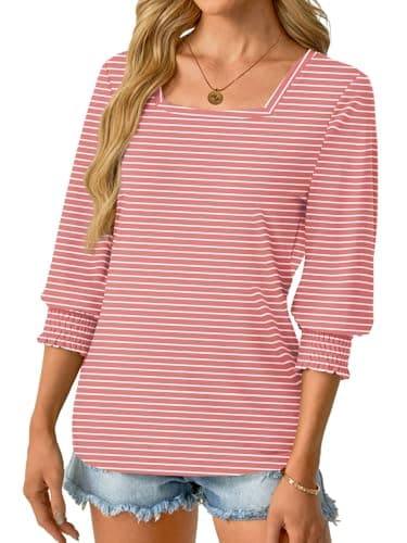 GKBK Womens 3/4 Sleeve Shirts Square Neck Dressy Casual Blouses Spring Summer Smocked Cuffs Tops - Thumbnail 3