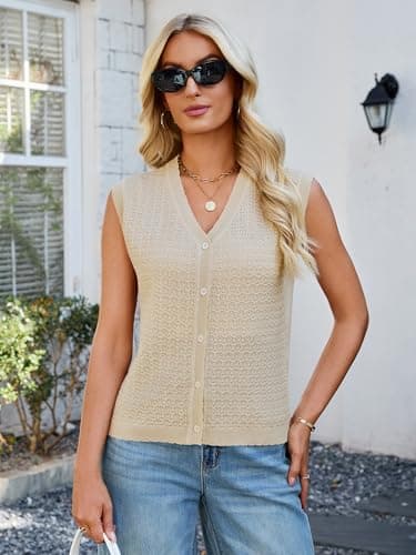 Bellcoco Womens Sleeveless V Neck Sweater Vest Crochet Knit Summer Tops Button Down Spring Cardigan Casual Outfits 2026 Apricot XXL - Thumbnail 2