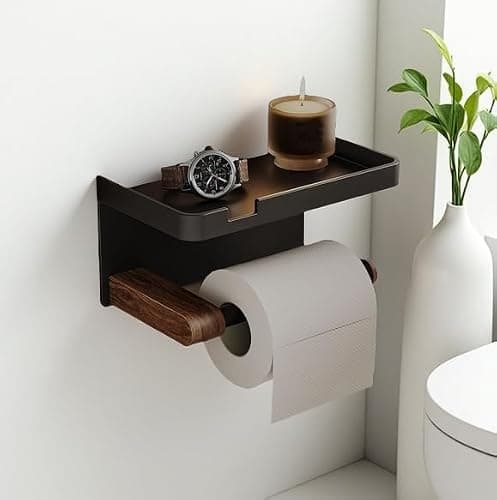 Bathroom Black Toilet Paper with Tissue Box Holder - Wall Mount Wooden Extension Rod with Widening Groove Bracket Aluminum Alloy Groove Rack for Paper Towel Holder and Wipes - Thumbnail 2