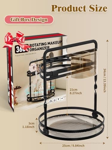 DUANFEE 360 Rotating Makeup Organizer, 2-Tier Black Perfume Organizer for Dresser, Bathroom Counter Organizer, Lazy Susan Vanity Tray Spinning Skincare Storage with Jewelry Hooks & Makeup Brush Holder - Thumbnail 4