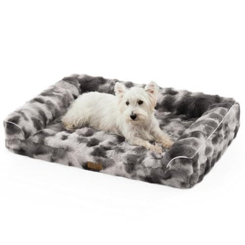 Faux Fur Orthopedic Dog Bed, Dog Bed for Large Size, Supportive Foam Pet Sofa with Waterproof Lining Cover, Washable U-Shaped Pet Couch with Anti-Slip Bottom, Tie-dye Grey L 36x27x6.5 inch - Image 1