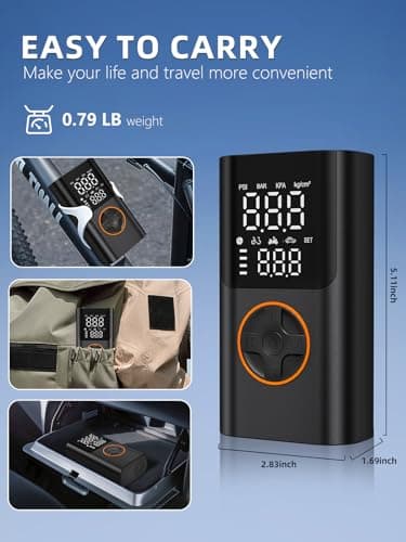 AIRSURE Tire Inflator Portable Air Compressor, Bike Pump with Gauge and USB Charging Output, 150PSI Fast Inflation Portable Tire Inflator for Car Bicycles Motorcycles Scooter Balls - Thumbnail 6