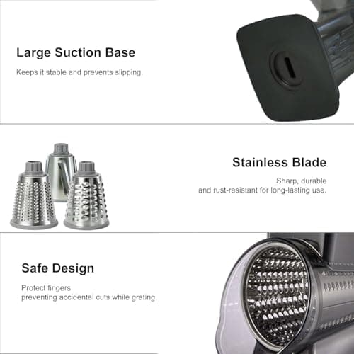 Spylandy 3-in-1 Manual Rotary Cheese Grater & Vegetable Slicer, Round Mandoline Food Chopper with 3 Interchangeable Blades, Strong Suction Base Hand Crank Grater for Cheese, Potato, Nuts & Veggies - Thumbnail 3