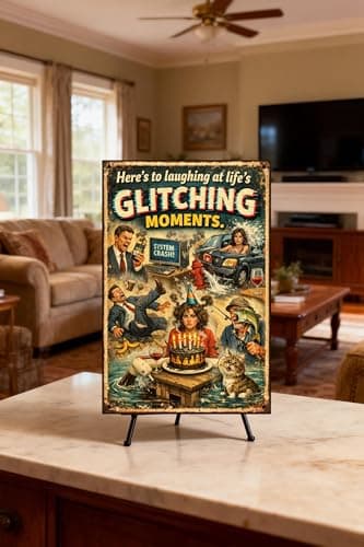 Here's To Laughing At Life's Glitching Moments Metal Tin Sign Funny Retro Humor Poster System Crash Birthday Cake Cat Coffee Disaster 8x12 Inch Iron Art Plaque - Thumbnail 3