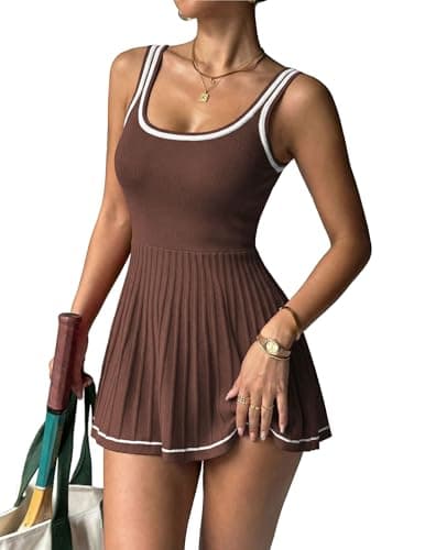 LOOKBOHO Womens Athletic Dress Mini Square Neck Sleeveless Tennis Golf Dress(BR,L) Brown - Image 1