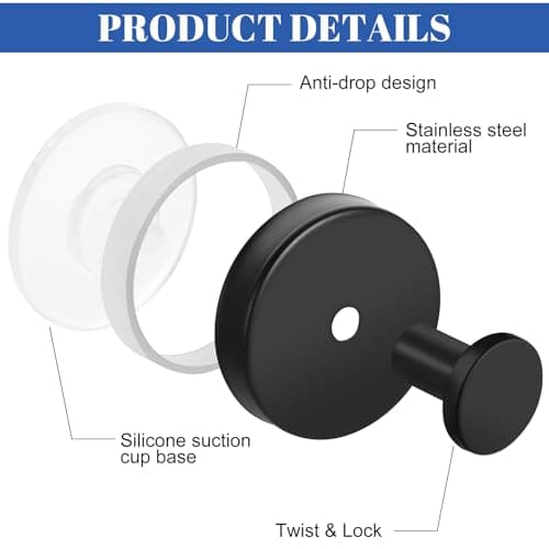 Dntorx Vacuum Suction Cup Hooks, 4 Pack Stainless Steel Suction Hook for Shower Bathroom Towel Hooks Shower Hooks Holders Hanging Towels, Loofah, Robe, Coat(Black) - Thumbnail 2