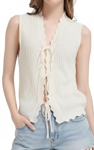 Orolay Tie Front Sweater Vest Women Crochet Scalloped Knit Tops Sleeveless Casual Summer Boho Tops - Image 1