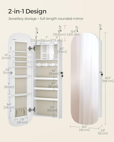SONGMICS Jewelry Organizer, LED Jewelry Cabinet Wall/Door Mounted, Lockable Rounded Wide Mirror with Storage, Interior Mirror, 3.9 x 16.5 x 42.5 Inches, White Surface with Greige Lining - Thumbnail 6