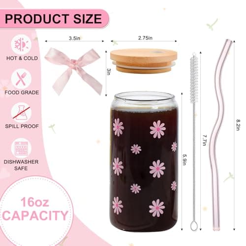 KMCCUMBER Cute Glass Cups with Lids and Straws, Teen Girl Birthday Gifts Daisy Iced Coffee Cup, Pink Aesthetic Mug Tumbler for Mothers Day Christmas Valentines Coffee Lover 16oz - Thumbnail 4