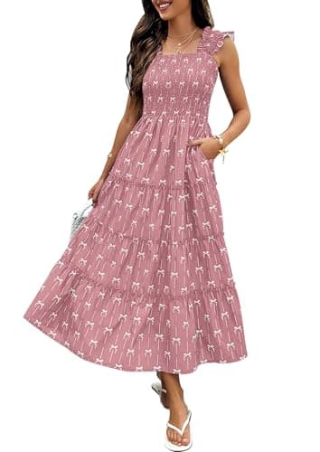 ECOWISH Women's Summer Maxi Dresses - 2026 Sleeveless Square Neck Smocked Ruffle High Waist Flowy Tiered Boho Beach Sundress Dark Pink Small - Image 1