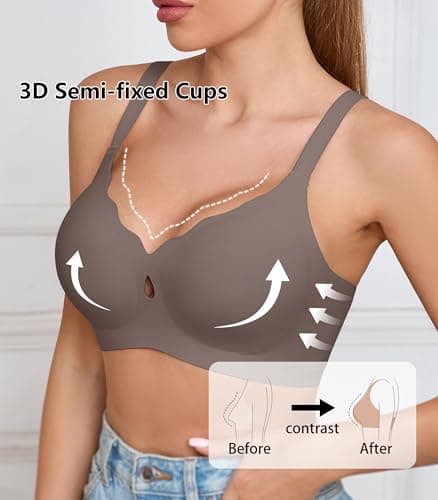 POSESHE Womens Comfortable Bras Sexy Wave Wireless Full Coverage Bralettes Seamless Tshirts Bras Push Up Bra Grey - Thumbnail 3