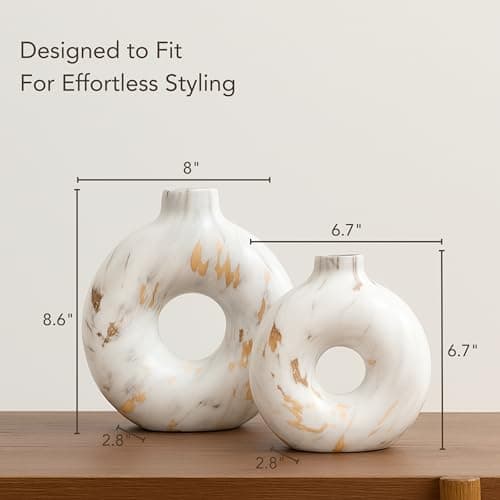 Modern Ceramic Donut Vase Set of 2 - Boho Design White and Gold Marble Pattern Vases for Flowers and Pampas - Elegant Home Decor Centerpieces for Coffee Tables - Entryways - Dining and Living Rooms - Thumbnail 6