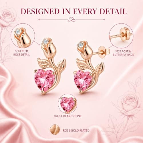 JACUPO 0.8CT Rose Heart Earrings Option of Sapphire Moissanite Stud Earrings Lab-Grown Earrings Birthstone Earrings for Women S925 Sterling Silver Post D Color VVS1 Clarity Ideal Gift for Wife Mother for Birthday Anniversary Valentine's Day Conveying I Love You Message (Oct Pink Rose Gold) - Thumbnail 6
