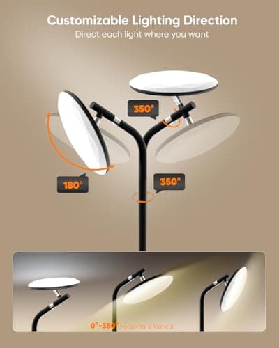 RUNBARRY LED Floor Lamp, 36W Super Bright Standing Lamp with Remote & Touch Control, 69" Stepless Dimmable Torchiere Floor Lamps, 350° Rotating Head Floor Lamp for Bedroom, Living Room, Office, Black - Thumbnail 2
