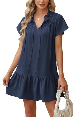 Angashion Womens Summer Mini Dress Short Sleeves V Neck Dresses Ruffle Casual Tie Sundress with Pockets Navy Blue Small - Image 1