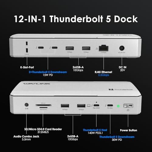 WAVLINK Intel Certified Thunderbolt 5 Docking Station: TB5 Dock with 120Gbps Max Transfer, Thunderbolt 5 hub with 140W Max Charging, 4X USB-A 3.2 Gen 2, Cooling System, 8K Display for TBT 5/4 Laptops - Thumbnail 2