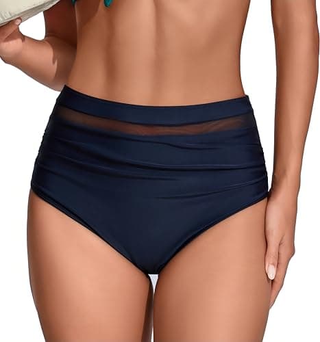 COCOPEAR Sexy High Waisted Bikini Bottoms for Women Ruched Mesh Swim Bottoms for Women Classic Full Coverage Bikini Bottoms Black 2XL - Thumbnail 2