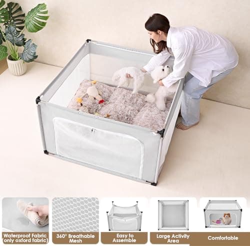 EHEYCIGA 42x42x26 Inches Puppy Playpen Without Top Cover for Dogs & Cats Indoor or Outdoor - Dog Playpen with Door, Dog Fence for Small Animal with Heavy-Duty Oxford & Steel Frame, Sliver Grey - Thumbnail 3