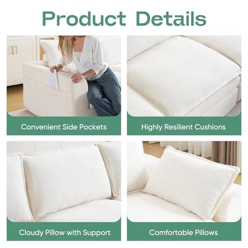 113" Modular Sectional Sofa, Oversized L-Shape Cloud Couch with Deep Seat, Modern Boneless Couch with Side Pockets，Upholstered Sectional Couch for Living Room, No Assembly Required,Chenille,Beige - Thumbnail 6