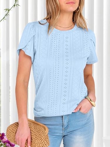 ANRABESS Womens Tops Summer Eyelet Petal Short Sleeve T Shirts Dressy Casual Blouses Ladies Basic Tees 2026 Spring Clothes Sky Blue X-Large - Thumbnail 3