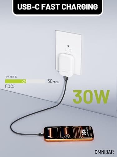 Omnibar Slim Flat 30W USB C Charger Block, GaN Fast Wall Charger with Foldable Plug, PD 3.0 PPS Type C Power Adapter for iPhone 17/16/15 Series, Samsung Galaxy S26/S25, Pixel 10, iPad, AirPods, White - Thumbnail 4