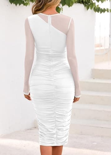 Lazysmile Long Sleeve Mesh Dresses for Women Mock Neck Ruched Bodycon Elegant Cocktail Club Party Wedding Guest Dress White - Thumbnail 2
