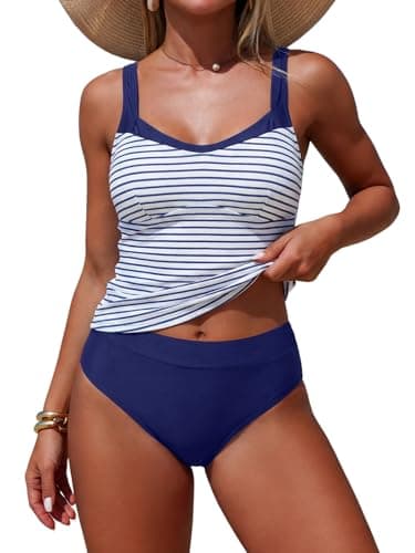 ZAFUL Womens Swimsuits Tummy Control Retro High Wasited 2 Piece Bathing Suit Modest Tankini Swimwear 2026, Stripe, S - Image 1