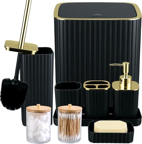 Bathroom Accessories Set-9PC Set with Toilet Brush, Trash Can, Soap Dispenser, Q-Tip Holder | Modern Home Bath Essentials (Black, Bath Set) - Image 1