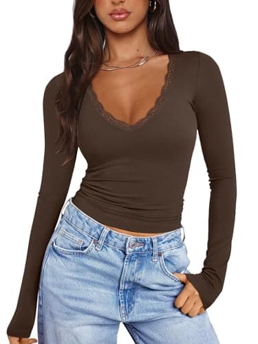 PINKMSTYLE Women's Sexy V Neck Lace Tops Tight Double Lined Fashion Casual Long Sleeve Shirts Party Clothes Fall Tops Dark Brown Medium - Image 1