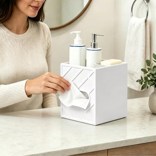 Militwo Aesthetic Tissue Box Cover with Top Tray, Modern Cube Wooden Facial Tissue Holder, Etched Geometric Design Napkin Dispenser for Bathroom, Nightstand, Vanity, Home Theatre - Thumbnail 4