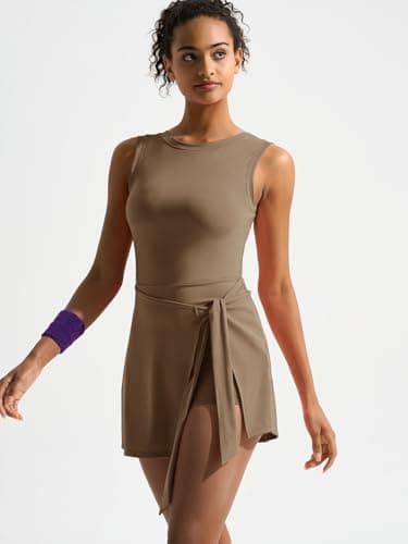 Dokuritu Womens High Neck Tennis Dress Sleeveless Wrap Skirt Built in Shorts Golf Athletic Dress Workout Rompers Brown - Thumbnail 4
