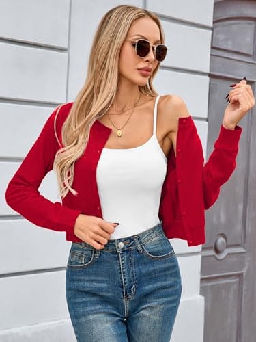 Heymoments Women Cropped Cardigan Bolero Shrug Red XX-Large Button Down Long Sleeve Crewneck Casual Business Ladies Open Front Knit Lightweight Coat Fall Tops Sweater for Dresses Jean - Thumbnail 2