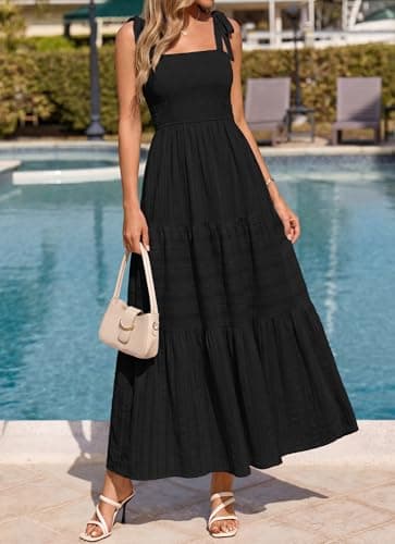 BTFBM Women's 2026 Spring Boho Spaghetti Strap Dress Casual Sleeveless Smocked A Line Beach Sundress Long Maxi Dresses(Black, X-Large) - Thumbnail 4