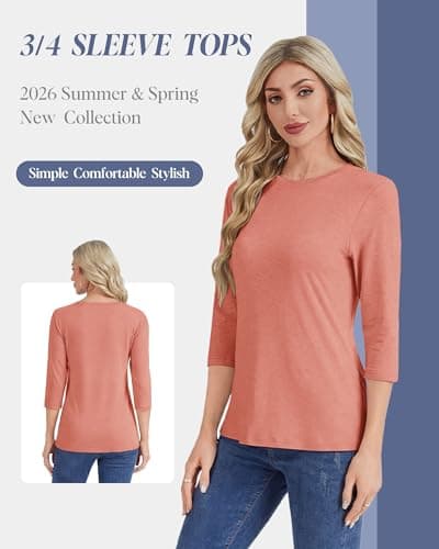 GAYHAY Coral Pink Shirts for Women 3/4 Sleeve Tops Casual Spring Outfits 2026 Trendy Crew Neck T-Shirts Summer Clothes - Thumbnail 2