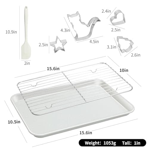Ymiton 7PCS Nonstick Baking Sheet Set - 10x15in Jelly Roll Pan with Wire Rack, Silicone Spatula & 4 Cookie Cutters, Thickened Carbon Steel, Oven Safe 450°C, Salted Gray - Thumbnail 4