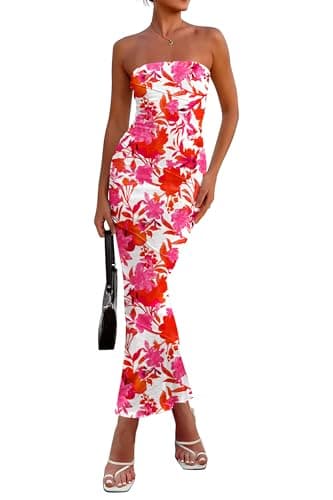 PRETTYGARDEN Women's 2026 Summer Floral Bodycon Maxi Dresses Ribbed Strapless Tube Casual Boho Party Long Dress (Floral White Pink,Small) - Image 1