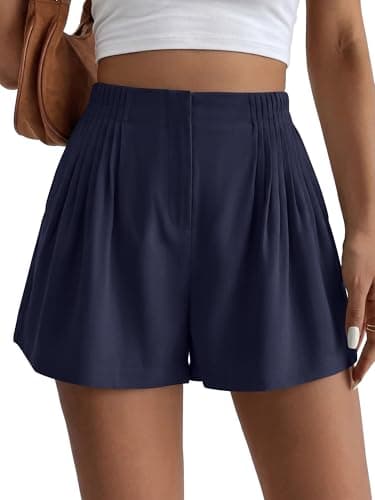 BTFBM Womens Shorts Casual 2026 Spring Summer Elastic High Waisted Pleated Cotton Shorts Beach Vacation Outfits Pockets(Navy Blue, Small) - Image 1