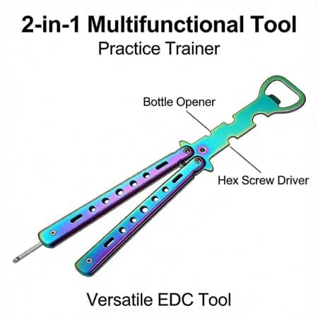 Butterfly Trainer for Beginners, Blunt Unsharpened Design, 3Cr13 Stainless Steel Balisong Trainer with Bottle Opener & Hex Screwdriver, Safe Latch, Portable Size for EDC & Skill Practice - Thumbnail 4