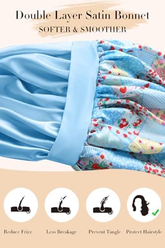 Vettres Hair Bonnet for Sleeping Satin Lined Sleep Cap Double Layer Silk Head Wrap for Curly Natural Hair Strawberries Blue Plaid - Thumbnail 5